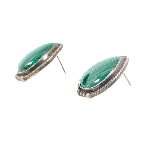 Malachite Pear Shape Sterling Post Earrings Southwest Style Signed “S” EUC - Picture 2 of 5